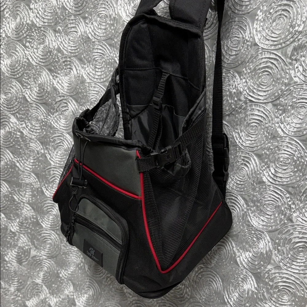 Top Paw Dog Carrier Backpack in Black and Gray with Red Trim
